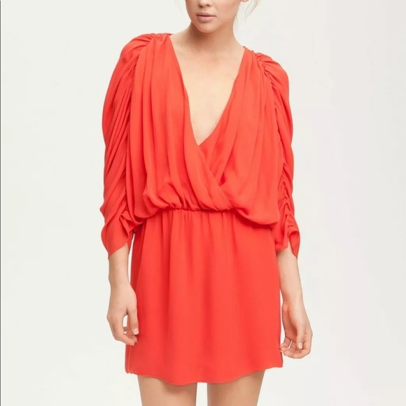 PARKER Coral Silk Gathered Plunge Dress Size - Picture 2 of 13